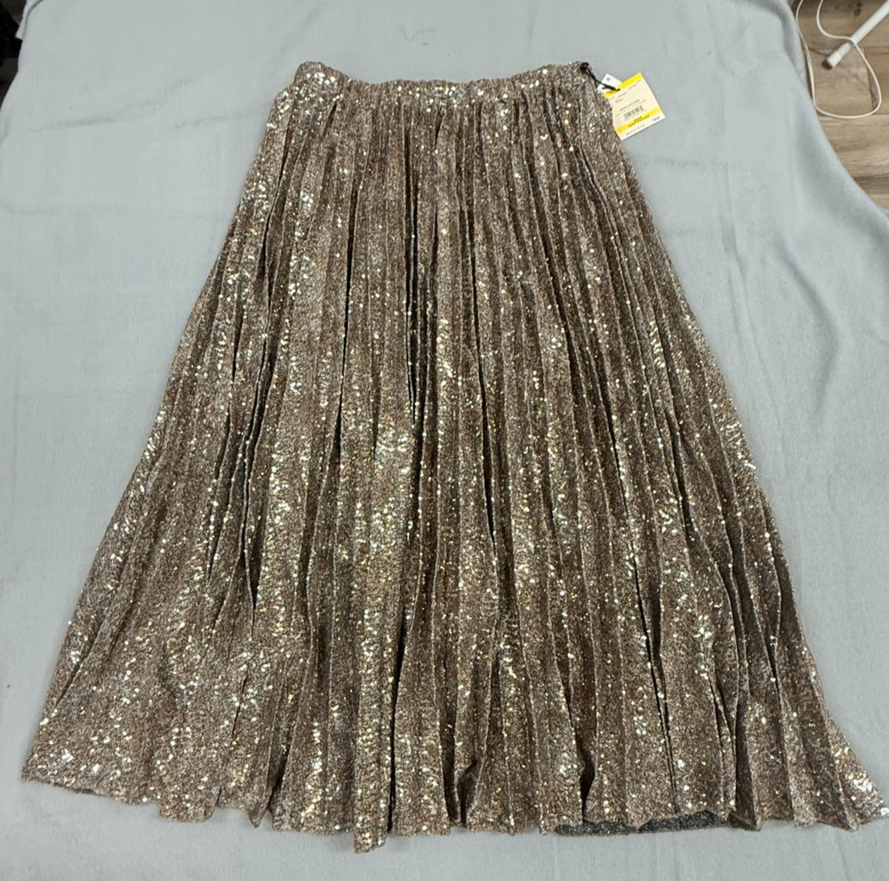 Anne Klein Maxi Skirt Womens Medium Pewter Multi Sequin Detail Pleated Party NWT